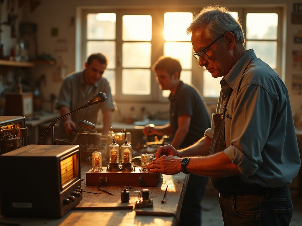 Master craftsman demonstrating vacuum tube testing to engaged students in a vintage radio repair workshop