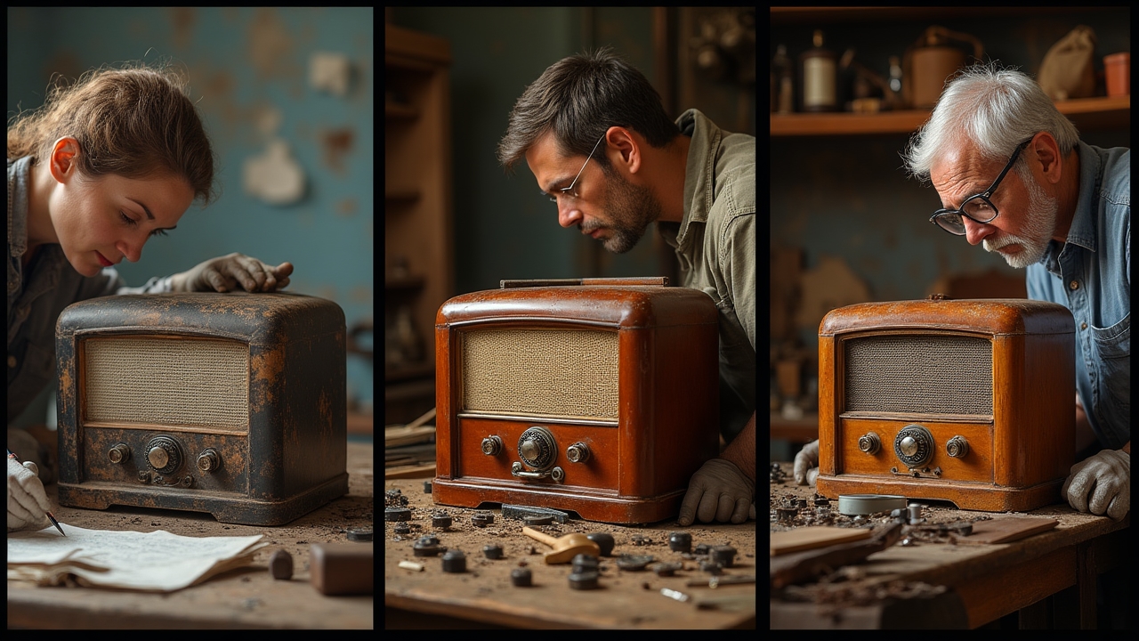 Compelling triptych-style composition showing three key stages of radio restoration within a single frame