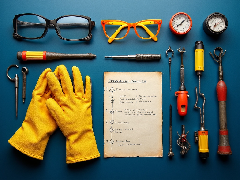Meticulously arranged flat-lay composition showcasing comprehensive safety equipment used in the vintage radio restoration workshop