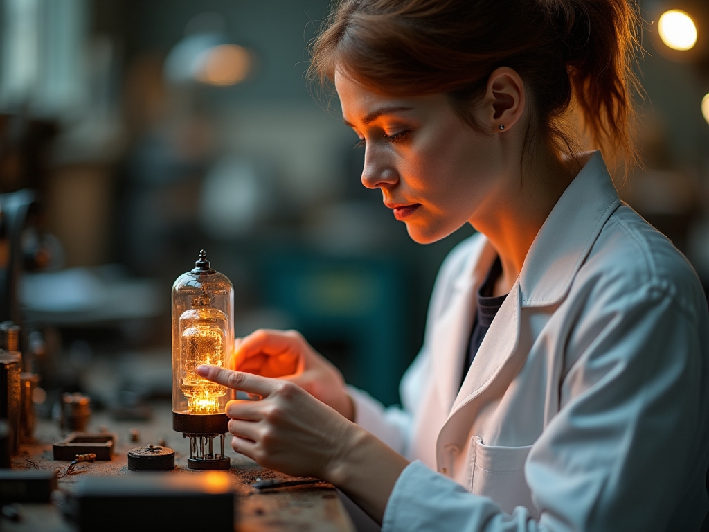 Female restoration specialist meticulously cleaning the pins of a rare vintage vacuum tube