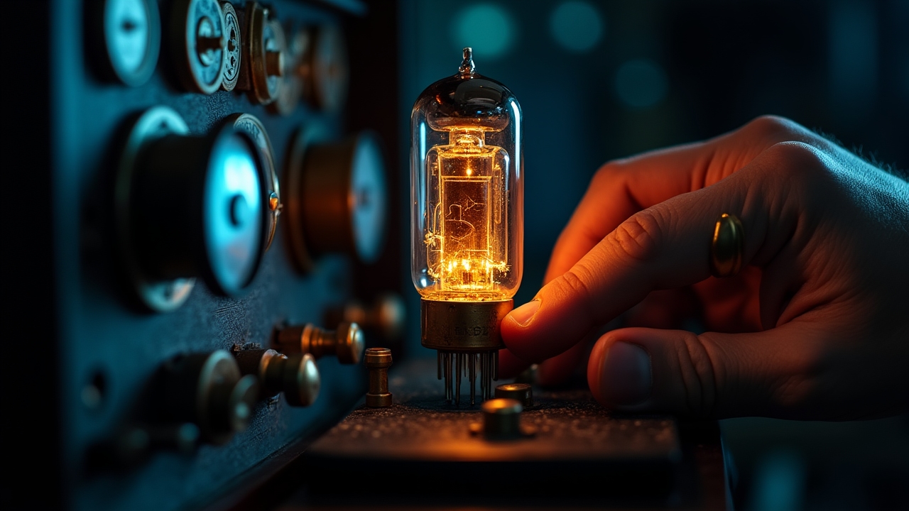 Dramatically lit close-up of a vintage vacuum tube undergoing testing, captured at the precise moment of illumination