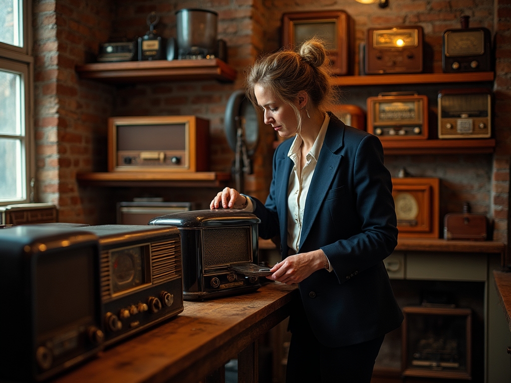 Breathtaking collection of fully restored vintage radios from different eras arranged chronologically on custom oak shelving