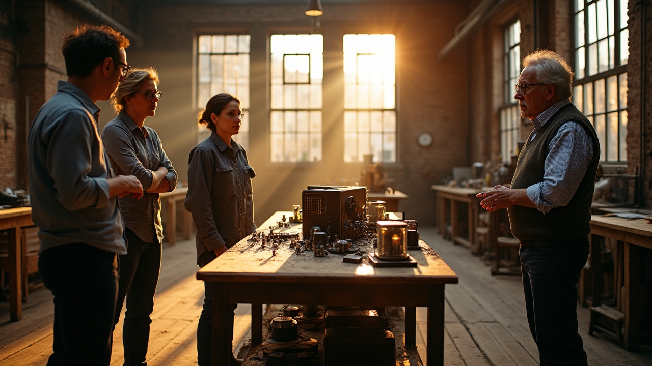 Wide-angle environmental portrait of the complete workshop space captured during golden hour